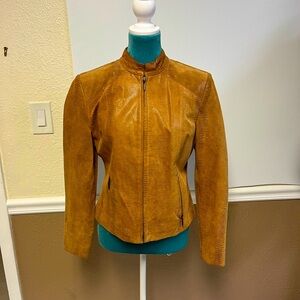 Valerie Stevens Genuine‎ Leather Moto Jacket – Cognac Brown Snake Print – Size S